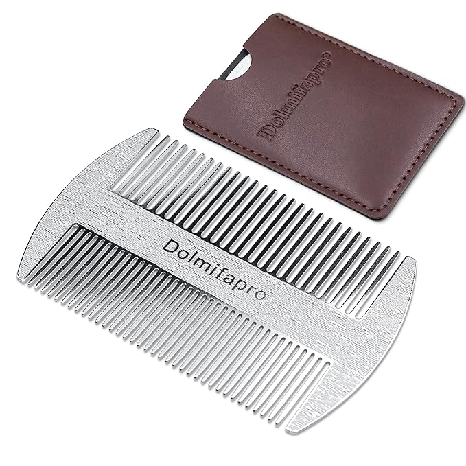 Pocket Comb for Beards, Mustache Comb & Hair Beard Comb for Men Ultra-thin, Stainless Steel, Anti-static with PU Leather Case (silvery)