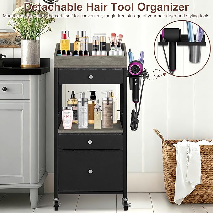 Makeup Organizer Cart with 3 Drawers & Detachable Hair Tool Holder, Rolling Cosmetic Storage Cart with Adjustable Dividers, Lockable Wheels for Bathroom, Bedroom Vanity, Black & Grey