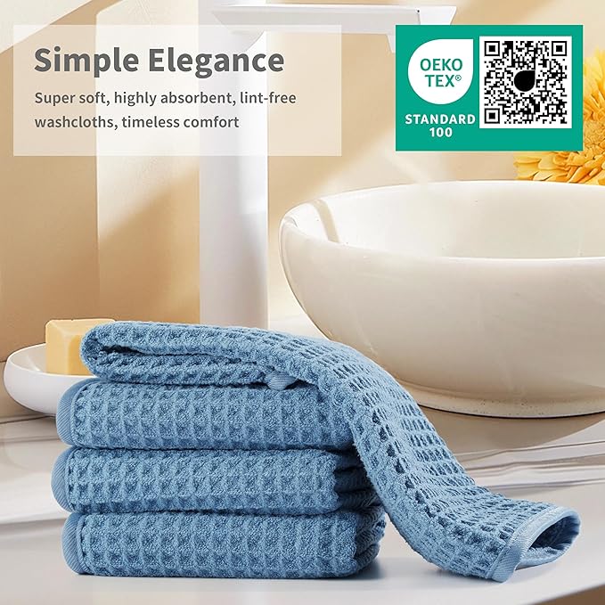Microfiber Waffle Face Towels, 4 Pieces, Soft, Absorbent, Fast Drying, Lint Free 430 GSM (Blue)