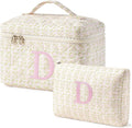 HBselect 2Pcs Initial Quilted Makeup Bag, Pink Cosmetic Travel Toiletry Bag, Flowers Coquette Zipper Make Up Pouch Organizer Teen Girl Gift Trendy Stuff D