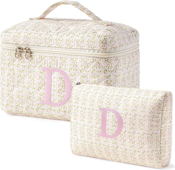 HBselect 2Pcs Initial Quilted Makeup Bag, Pink Cosmetic Travel Toiletry Bag, Flowers Coquette Zipper Make Up Pouch Organizer Teen Girl Gift Trendy Stuff D
