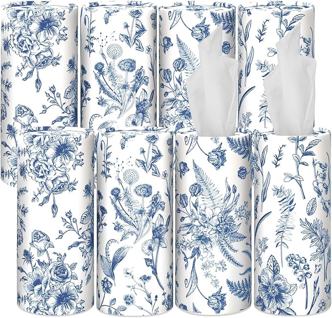 Zonon 8 Pcs Vintage Floral Round Tissues Box Car Holder with Facial Tissue Bulk Blue Flower Travel Tubes for Car with 50 Sheets Christmas Cylinder Face Towel Fit for Cup Holder Round Container