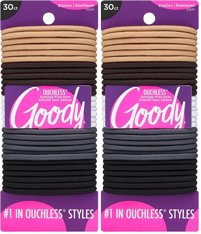 Goody Ouchless Elastic Hair Ties - 30 Ct, Assorted Neutral, 4MM Rubber Bands for Hair, Pain-Free Hair Accessories for Women & Men, Made for Long-Lasting Braids, Ponytails, All Hair Types (Pack of 2)