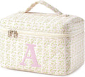 HBselect Initial Quilted Makeup Bag, Pink Cosmetic Travel Toiletry Bag, Flowers Coquette Zipper Make Up Pouch Organizer Teen Girl Gift Trendy Stuff A