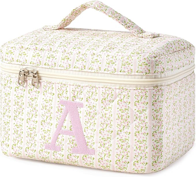 HBselect Initial Quilted Makeup Bag, Pink Cosmetic Travel Toiletry Bag, Flowers Coquette Zipper Make Up Pouch Organizer Teen Girl Gift Trendy Stuff A