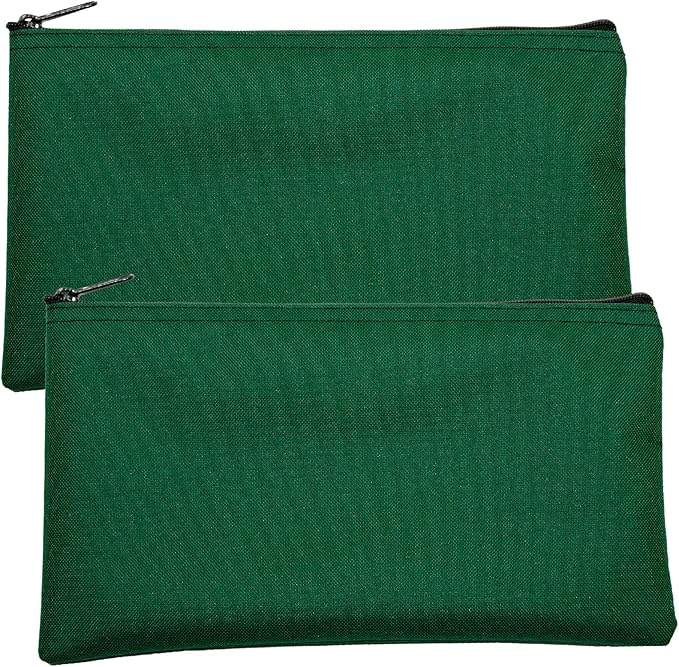 Multipack of 2 Compact Zipper Cloth Pouches, Zipper Bag, Travel Toiletry, Cosmetics, Stationary Case, 11 x 6 inches (Forest Green)