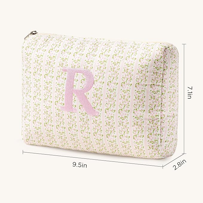 HBselect Initial Quilted Makeup Bag, Pink Cosmetic Travel Toiletry Bag, Flowers Coquette Zipper Make Up Pouch Organizer Teen Girl Gift Trendy Stuff R
