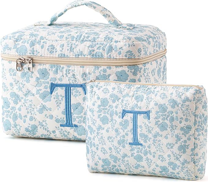 HBselect 2Pcs Initial Quilted Cotton Large Travel Cute Floral Coquette Makeup Bag Cosmetic Toiletry Bag for Women Girls