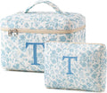 HBselect 2Pcs Initial Quilted Cotton Large Travel Cute Floral Coquette Makeup Bag Cosmetic Toiletry Bag for Women Girls