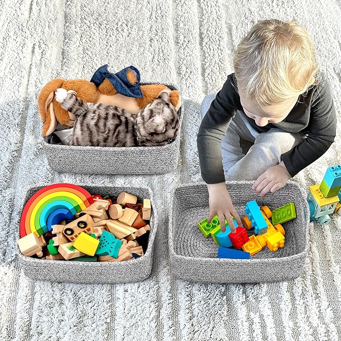 Goodpick Storage Baskets, Small Baskets for Organizing, Toy Storage for Gifting, Woven Rope Shelf Organizer for Nursery Organization 3 Pack, White & Gray, 11 x 7 x 4.5 in