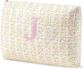 HBselect Initial Quilted Makeup Bag, Pink Cosmetic Travel Toiletry Bag, Flowers Coquette Zipper Make Up Pouch Organizer Teen Girl Gift Trendy Stuff J