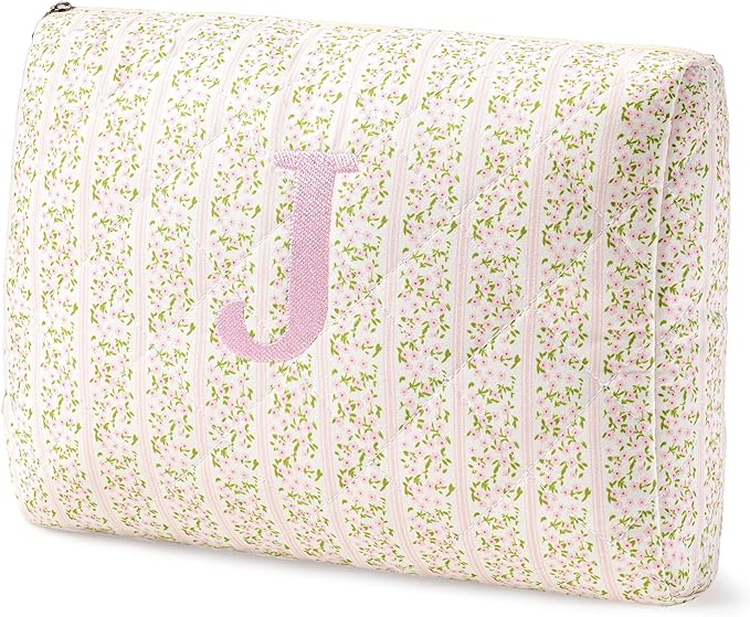 HBselect Initial Quilted Makeup Bag, Pink Cosmetic Travel Toiletry Bag, Flowers Coquette Zipper Make Up Pouch Organizer Teen Girl Gift Trendy Stuff J