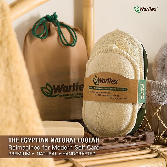 Waritex Egyptian Loofah Exfoliating Body Scrubber with Hand Strap, Oval Shower Pads Made from Natural Egyptian Loofah Fibers, Gentle Cleansing for Face and Body, for Men and Women 2 Count (1 Pack)