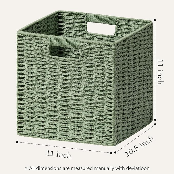UBBCARE 3 Pack Wicker Basket, 11L×11H×10.5W inch Woven Paper Rope Storage Baskets for shelves, Foldable Cube Storage bin with Handle, Storage Basket for Organizing & Decor, Green