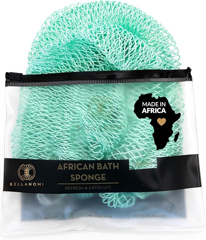 BELLANOMI African Exfoliating Net Sponge, Authentic, Ethically sourced from Nigeria, 45 inches Long, Back Scrubber for Daily use (Seafoam)