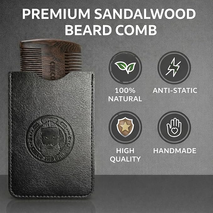 Sandalwood Beard Comb for Men – Pocket-Size Anti-Static Wooden Grooming Comb with Protective Case – For Beard, Mustache & Hair