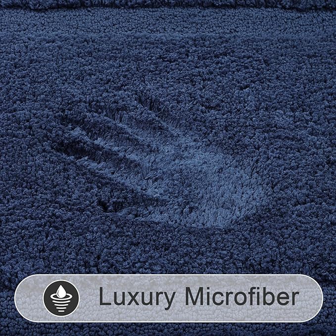 SHACOS Soft Fluffy Bathroom Rugs Set of 3 with Runner Rug U Shape Toilet Rugs Bath Mats Non Slip Washable Bath Rugs Absorbent Bathroom Carpet for Shower Tub, Navy Blue