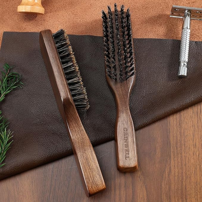 GAINWELL Wild Boar Bristle Hair Brush for Men, Slick Back Hair Brush with Stiff Boar Bristles for Thick Hair, Natural Black Walnut Wooden Handle Hairbrush, Beard Mustache Brush - Large