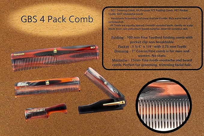 Handmade Tortoise Shell Comb Set – Pack of 4 Premium Fine-Tooth Combs for Men & Women – Includes Pocket, Folding, Dressing & Mustache Combs – Stylish Hair & Beard Grooming Kit