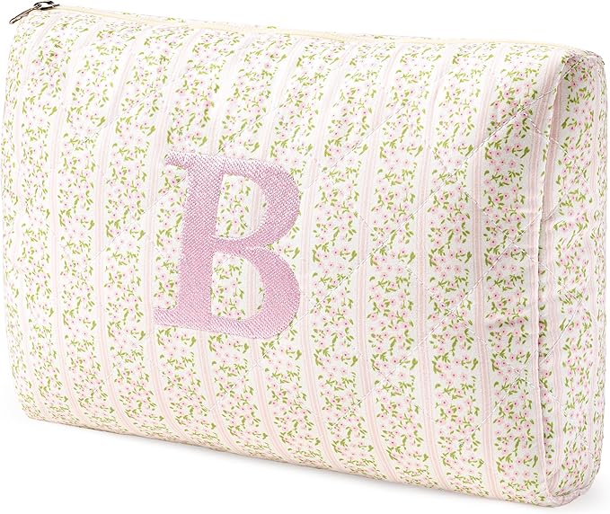 HBselect Initial Quilted Makeup Bag, Pink Cosmetic Travel Toiletry Bag, Flowers Coquette Zipper Make Up Pouch Organizer Teen Girl Gift Trendy Stuff B