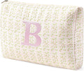 HBselect Initial Quilted Makeup Bag, Pink Cosmetic Travel Toiletry Bag, Flowers Coquette Zipper Make Up Pouch Organizer Teen Girl Gift Trendy Stuff B