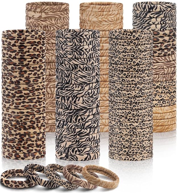 150PCS Hair Ties, IKOCO Hair Ties for Women No Damage, Cotton Seamless Ponytail Holders for Thick Hair, Leopard Animal Print