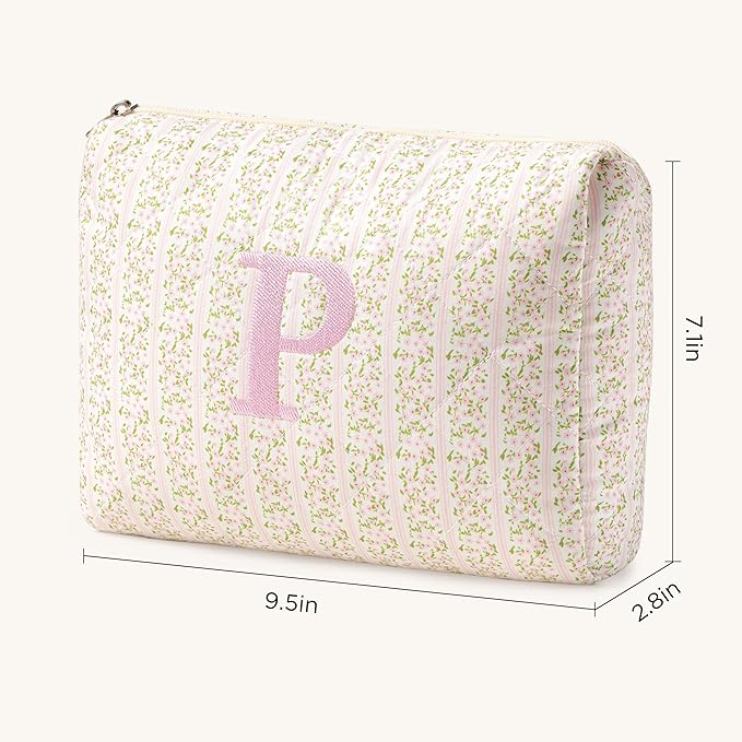 HBselect Initial Quilted Makeup Bag, Pink Cosmetic Travel Toiletry Bag, Flowers Coquette Zipper Make Up Pouch Organizer Teen Girl Gift Trendy Stuff P