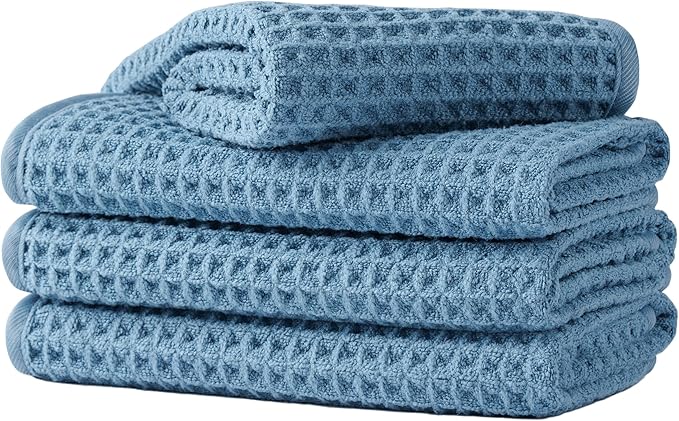 Microfiber Waffle Face Towels, 4 Pieces, Soft, Absorbent, Fast Drying, Lint Free 430 GSM (Blue)
