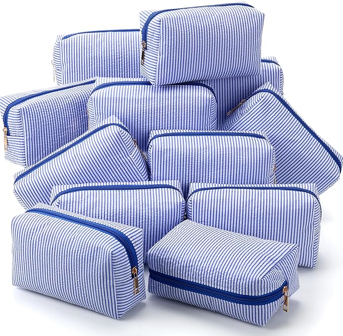 Sanwuta 12 Pcs Seersucker Cosmetic Bags Bulk Seersucker Makeup Bags Stripe Women Pouch Large Preppy Storage Pouch Toiletry Travel Organizer for Wedding Bridesmaid Bride Favor Mom Gift (Blue)
