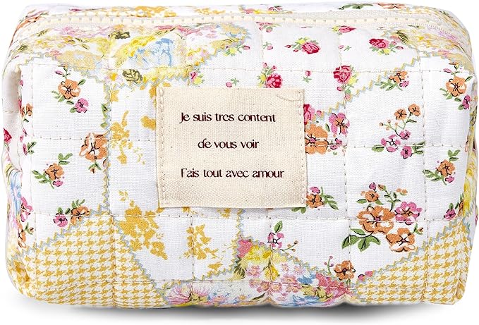 Floral Makeup Bag Small Cotton Quilted Cosmetic Bag Organizer, Aesthetic Cottagecore Preppy Portable Pouch Purse Toiletry Bag for Women Girls Travel accessories (Beige Floral-S)