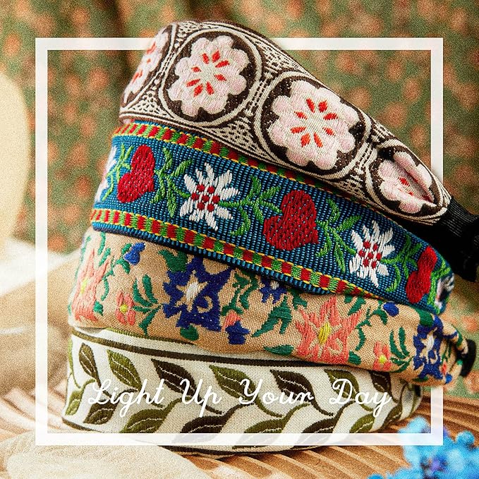 EBOOT 4 Pieces Boho Headband for Women Embroidery Wide Hair Band Bohemia Floral Knotted Wide Headbands Vintage Ethnic Style Girls Accessories(Delicate Pattern)