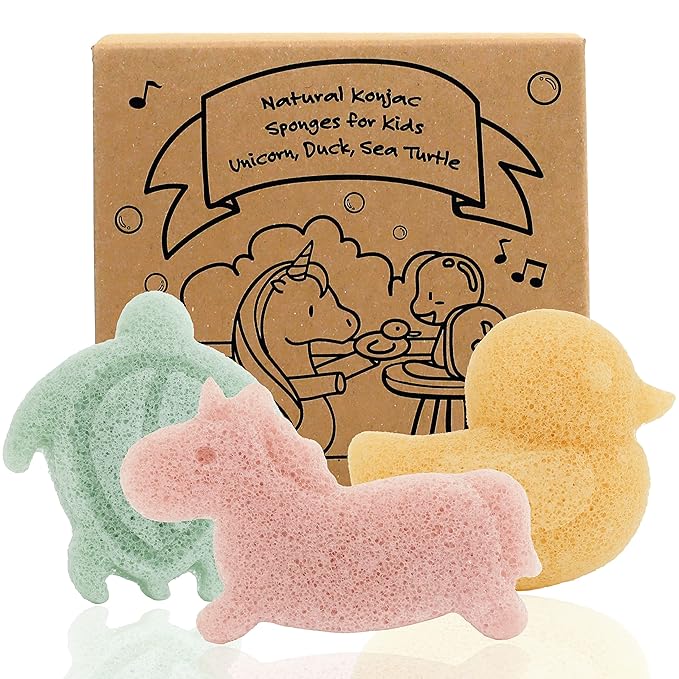 myHomeBody Konjac Baby Sponge for Bathing, Cute Shapes Natural Kids Bath loofah for Infants, Toddler, Newborns, Safe Plant-Based, 3pc. Set: Unicorn, Duck, Sea Turtle