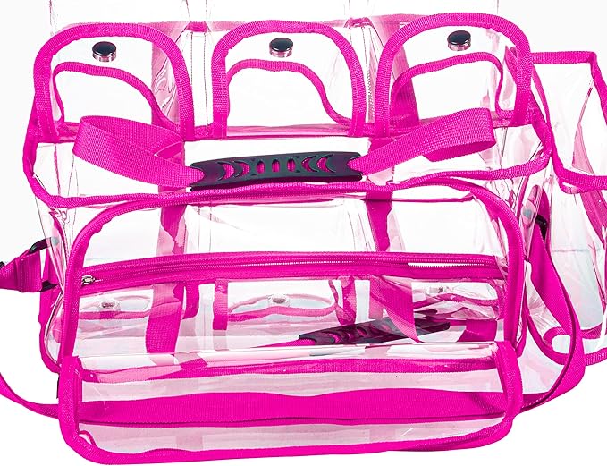 Wide Opening Large Professional Clear PVC Travel Makeup Artist Set Bag Cosmetic Nails Beauty Bags Transparent Vinyl Tool Organizer Beach Bags Diaper Bag with 6 External Pockets & Strap (Pink)