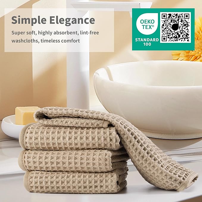 Microfiber Waffle Face Towels, 4 Pieces, Soft, Absorbent, Fast Drying, Lint Free 430 GSM (Beige)