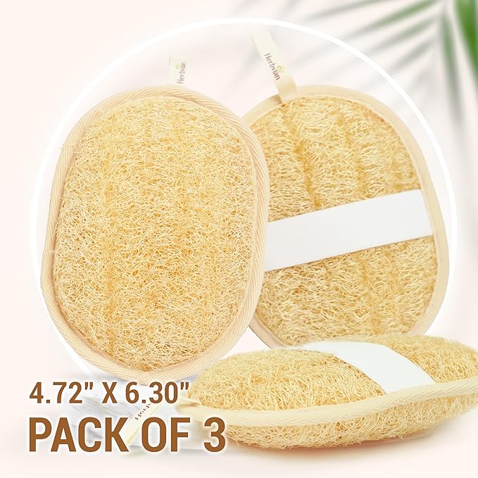 Vietnamese Natural Loofah Exfoliating Body Scrubber Pads, 100% Plant-Based Shower Luffa Sponge, Bath Loofah for Women Men (3, Oval 6.5"x4.9")