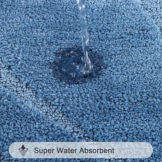 HEBE Bathroom Rugs Sets 5 Piece, Soft Absorbent Microfiber Bath Mat for Bathroom, Non Slip Washable Bath Rug Set with Toilet Cover, Bath Runner and U-Shaped Contour Toilet Rug, Blue