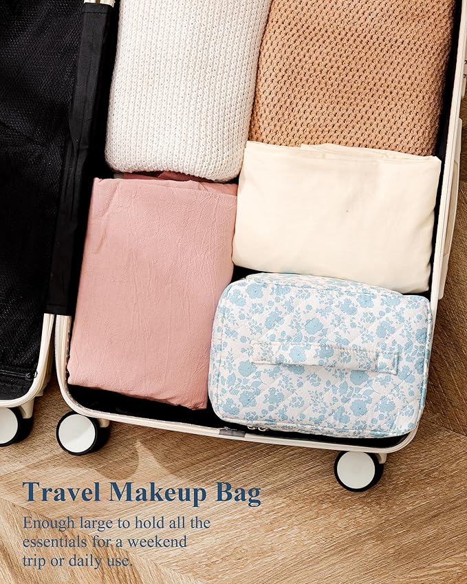 HBselect Initial Quilted Makeup Bag, Cotton Large Travel Make up Bag, Cute Floral Coquette Cosmetic Bag Toiletry Bag for Women Girls G