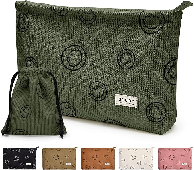 WLLWOO Makeup Bag-2pcs Smile Face Corduroy Cosmetic Bag Zipper Interior Waterproof Pencil Case Coin Purse Travel Toiletry Small Makeup Pouch For Women