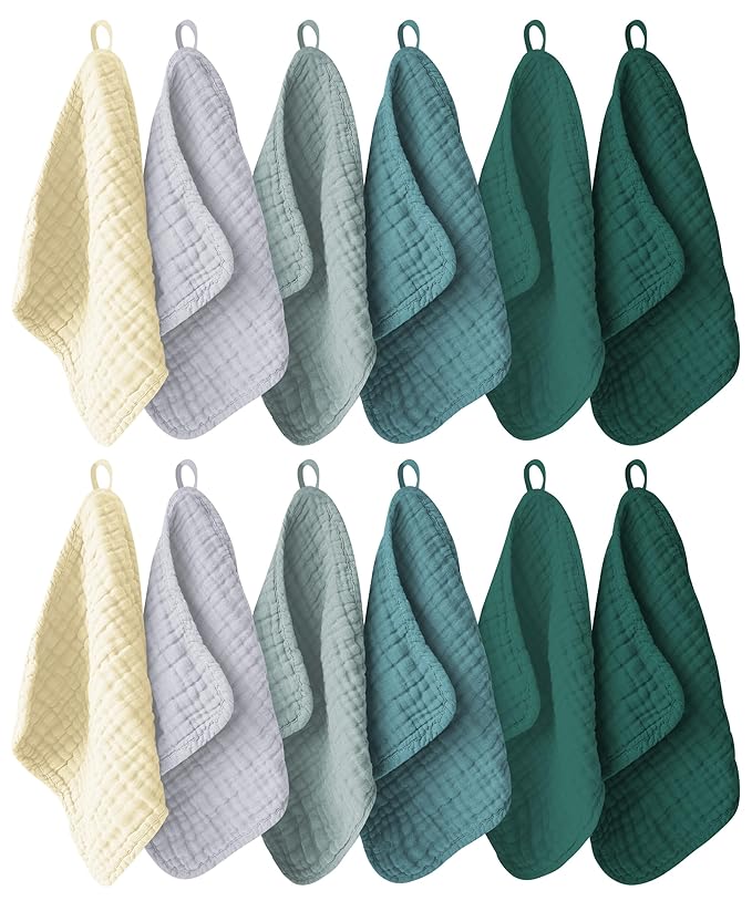 12 Pack Muslin Washcloths for Baby - 100% Cotton Baby Wash Cloths for or Baby Face Body Comfy and Soft for Newborn Infants Kids Girls and Boys - 12"x12" - Ivory, Slate and Emerald Series