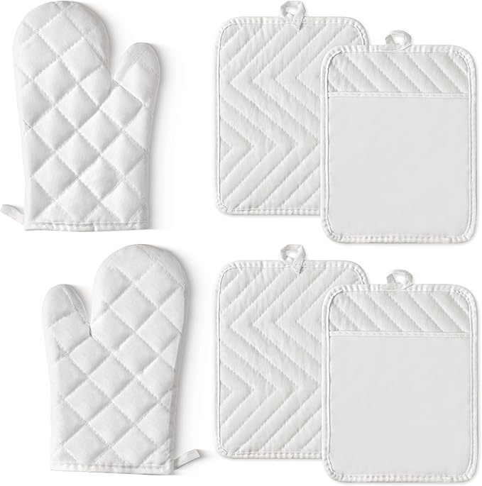 GROBRO7 6Pcs Cotton Oven Mitts and Pot Holders Set Heat Resistant Hot Pads Machine Washable BBQ Gloves with Hanging Loop Durable Pocket Pot Holder for Kitchen Baking Grilling Cooking White