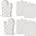 GROBRO7 6Pcs Cotton Oven Mitts and Pot Holders Set Heat Resistant Hot Pads Machine Washable BBQ Gloves with Hanging Loop Durable Pocket Pot Holder for Kitchen Baking Grilling Cooking White