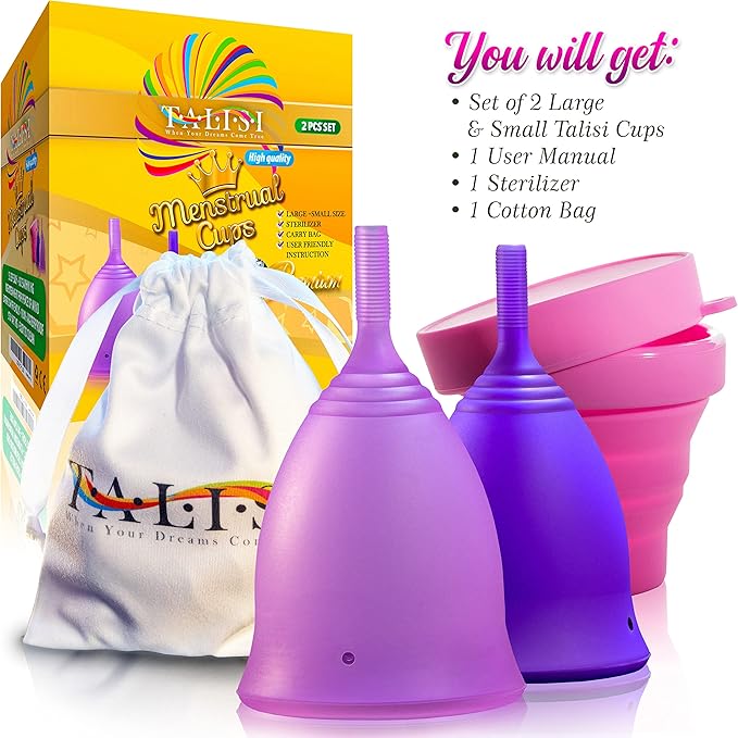 Talisi Reusable Menstrual Cups - Set of 2 Period Cups for Women with Collapsible Sterilization Menstruation Cup for Beginners - Feminine Hygiene Alternative to Tampon and Pad - Regular and Heavy Flow