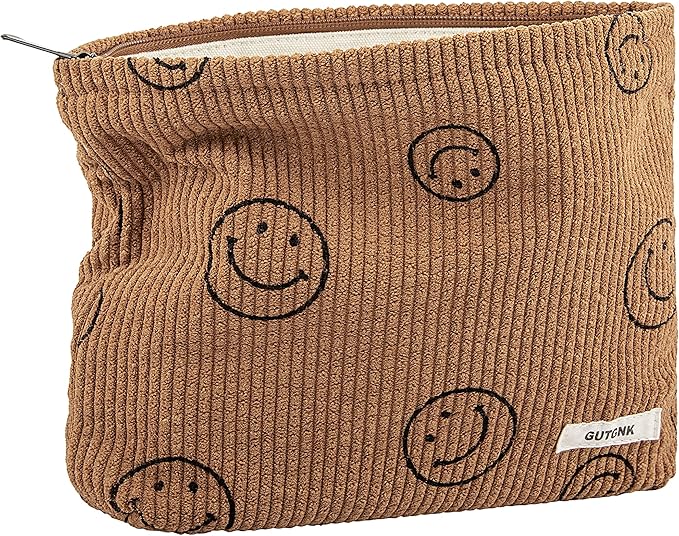GUTGNK Makeup bag for Women, Corduroy Cosmetic Bag Aesthetic Design Ladies Tote Bag,Cute Smiley Face Makeup Organizer with Zipper - Brown