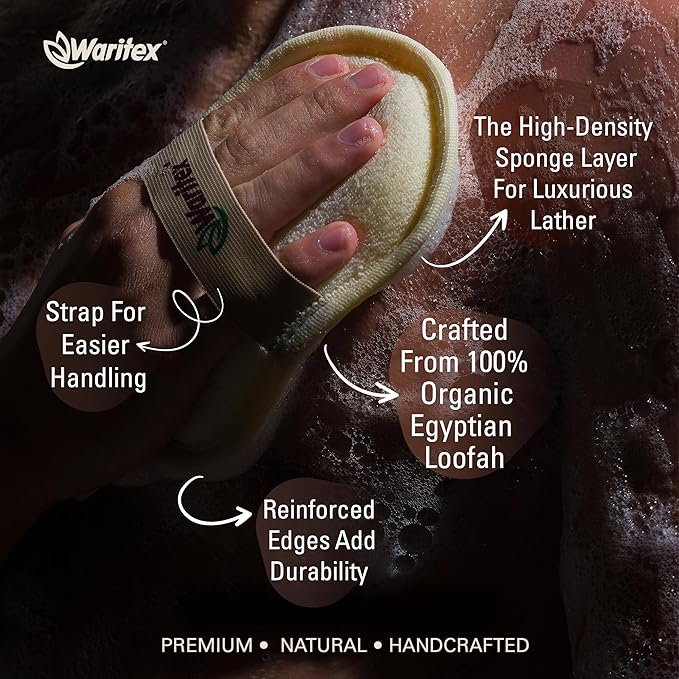 Waritex Natural Loofah Body Scrubber - All Natural Loofah Sponge with Hand Strap, Exfoliating and Gentle Cleansing for Face and Body, Bath Scrubber for Men and Women, 3 Count (1 Pack)