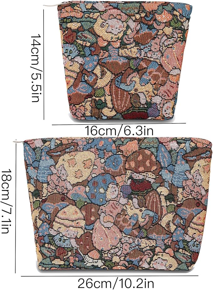 2 PCS Makeup Bag Small Cute Cosmetic Bags for Women，Floral Travel Toiletry Bag for Purse, Large Canvas Cosmetic Pouch Makeup Organizer Tool Pouch with Zipper（MushRoom Girl）