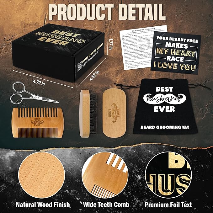 Husband Gifts for Him - Beard Kit for Men Grooming and Care with Brush, Comb, Scissors & Storage Bag - Husband Birthday Gift Ideas, Anniversary Retirement Birthday Gifts for Men