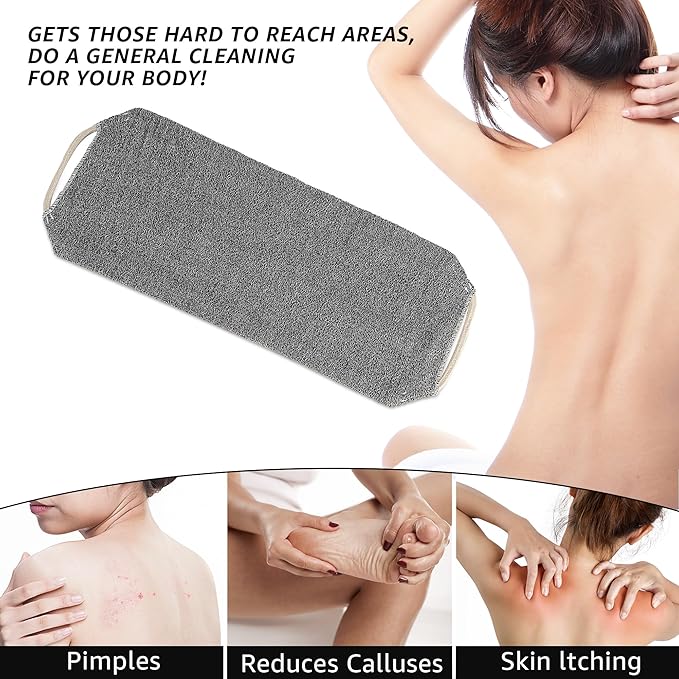 Extended Exfoliating Back Scrubber with Handles, Nylon Cleaning Exfoliator Washcloth for Body, Stretchable Pull Strap Soft Quick-Drying Rough Scrub Towel, Grey