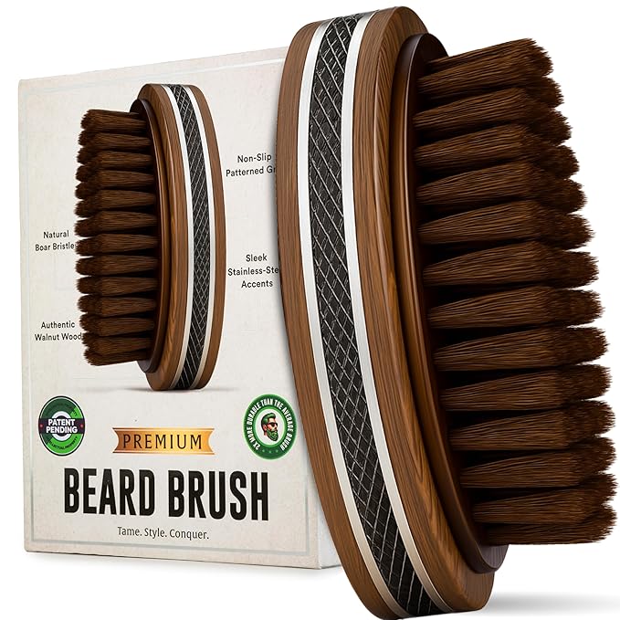 Premium Handmade 4.5" Boar Bristle Beard Brush for Men – Natural Walnut Wood & Non-Slip Rubber Grip – Men’s Grooming Brush for Short, Medium & Long Beards – Mustache & Beard Care Tool – Alpha Organics
