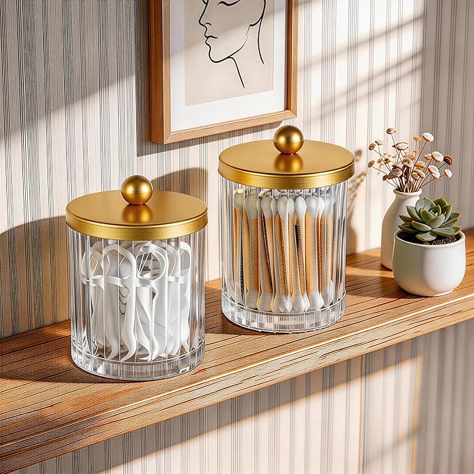 Amolliar Qtip Holder Dispenser for Bathroom, Clear Glass Canister Apothecary Jar for Cotton Swabs, Cotton Balls, Makeup Pads, Floss Picks, Container for Countertop Vanity Storage Organizer,Gold 4 Pack