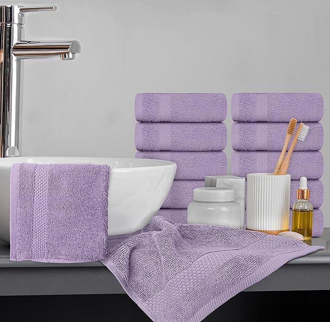 White Classic Luxury Cotton Washcloths 13x13 Inch - 650 GSM Turkish Cotton | Hotel, Spa, Bathroom Face Towel | 12 Pack, Lavender